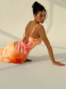 Aloruh Tropical Hibiscus Print Cami Strap Bodycon Sexy Dress, Beach, Vacation, Tropical Print Dress, Orange Summer Dress, Chill Vacation, Summer Getaway, Summer Holiday Chic Dress - Orange - View 2