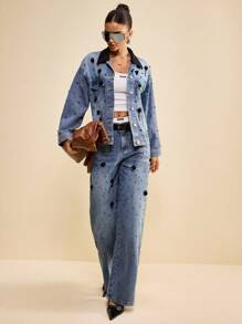 Muvela 女式休闲花卉装饰口袋阔腿牛仔裤 - 中等水洗藍 - 查看 8