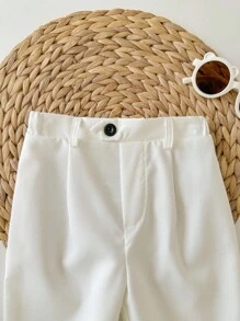 SHEIN 男婴休闲弹力腰白色正装裤，适合生日派对、晚宴、演出、婚礼、迎婴派对和一周岁生日庆祝活动。