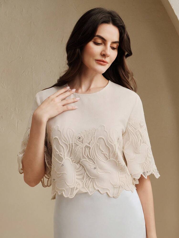 New Vintage Heavily Embroidered Sheer Round Neck Short Sleeve Crop Top, Summer