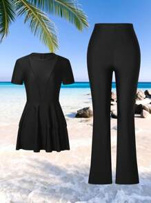 Swim Mulvari 全新夏季女式圆领短袖收腰双下摆连衣裙 + 直筒裤黑色休闲度假两件套 - 黑色 - 查看 6