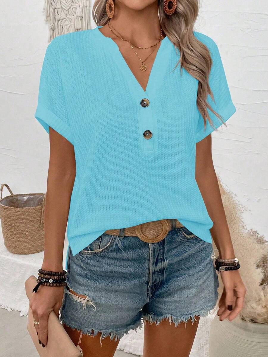 SHEIN PETITE Women Notched Neck Solid Color Textured Batwing Sleeve T-Shirt For Summer - Blue - View 1