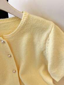 Franclia 女士经典长款优雅简约百搭休闲短袖开衫毛衣，办公室穿着 - 黃色 - 查看 7
