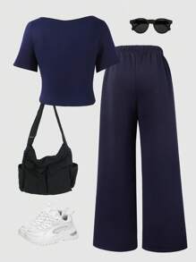 Sparklyn 少女数字印花短袖上衣和直筒裤休闲夏季两件套 - 藏蓝色 - 查看 2