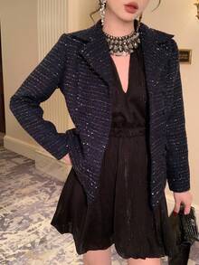 DAZY 女士优雅双排扣立领长袖修身加厚羊毛大衣秋冬夹克 - 藏蓝色 - 查看 5