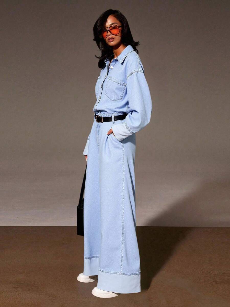 SHEIN Tall Women's Basic Fall Casual Washed Wide Leg Denim Jumpsuit Business Casual Woman Denim Jumpsuit Light Blue Denim Jumpsuit - Blue - View 1