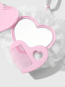 ROMWE Kawaii 1 件可爱卡通亚克力小巧双面镜和梳子套装，精致白色网状丝带，粉色树脂闪光翅膀熊装饰，多功能迷你心形玻璃镜，钥匙扣和包包饰品礼品套装，适合女士 - 粉色 - 查看 7