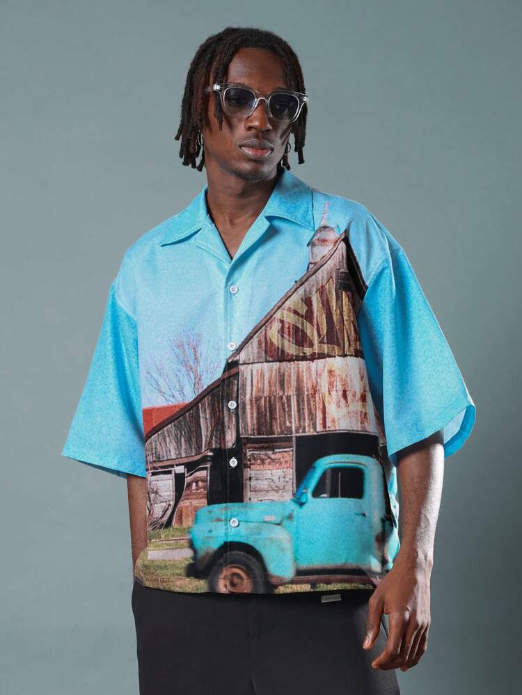 Boxy Resort Shirt With Vintage Barn Print