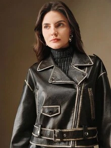 Anewsta 女式翻领领口落肩前拉链腰部按扣休闲机车夹克 - 黑色 - 查看 6