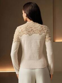 Anewsta Áo ren cổ tròn tay dài thanh lịch ôm sát dành cho nữ - Màu be - Xem 2