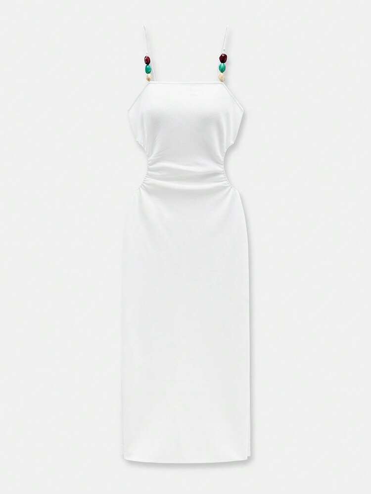 SHEIN Maija 2025 Mother's Day Music Festival Beaded Hollow Out Spaghetti Strap Maxi High Slit Dress For Women, White, Suitable For Spring/Summer Birthday Party White Dresses For Women