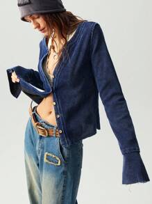 Bohemela 大码休闲复古纽扣前喇叭袖T恤 - 藏蓝色 - 查看 8