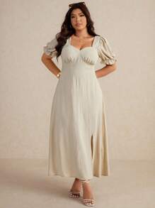Elaquor Plus Size Women Square Neck Short Sleeve Draped Back Dress, Apricot Color Casual Vacation Day Dress For Plus Size - Apricot - View 2
