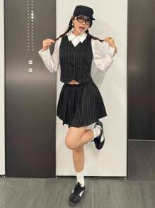 SHEIN 青少年女孩休闲简约舒适条纹翻领长袖衬衫、背心和裙子三件套 - 黑色 - 查看 2