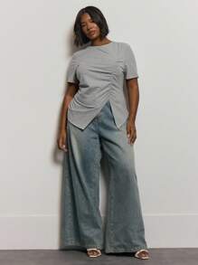 MUSERA 加大码不对称褶皱镂空上衣可爱夏日优雅浪漫假期曲线集体