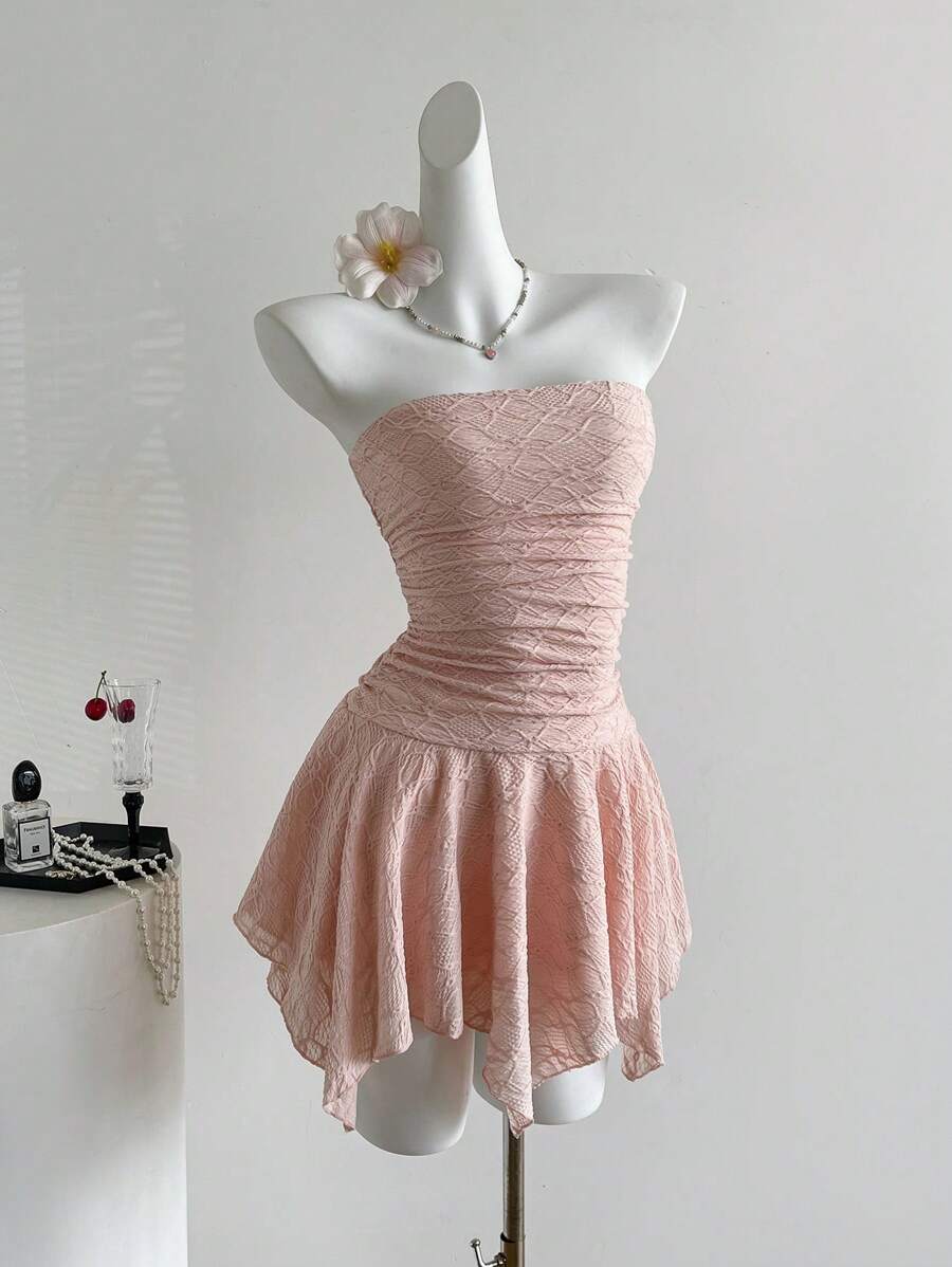 Sweetra Asymmetrical Hemline Y2K Sexy Ribbed Fabric Cropped Camisole Dress - Pink - View 1