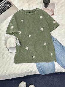 Comfortcana Áo thun thêu hoa thường ngày mùa hè cỡ lớn cho nữ - xanh quân đội - Xem 2