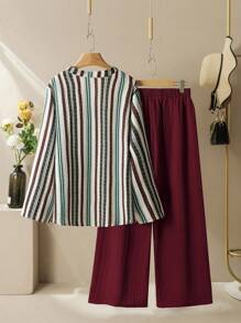 Lacomfia 2pcs Women Plus Size Casual Textured Colorful Stripe Print Long Sleeve Shirt And Wide Leg Pants Suit, Loose And Comfortable Fall Cloth For Women - Multicolor - View 2