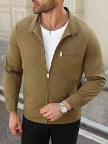 Manfinity Homme Men's Plus Size Zip Up High Neck Khaki Jacket,Autumn Casual Work Basic Long Sleeve Baseball Jacket,Lightweight Outgoing Gift For Friends,Husband - Coffee Brown - View 4