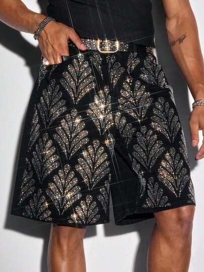Street Life Herren lose, weite Jeans-Shorts mit Strass Design und Taschen