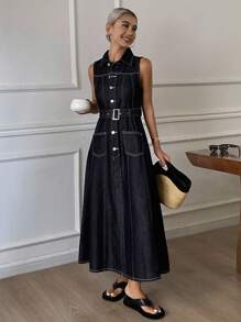 DAZY 女士休闲无袖收腰A字连衣裙，撞色拼接牛仔夏季度假连衣裙 - 藍色 - 查看 3