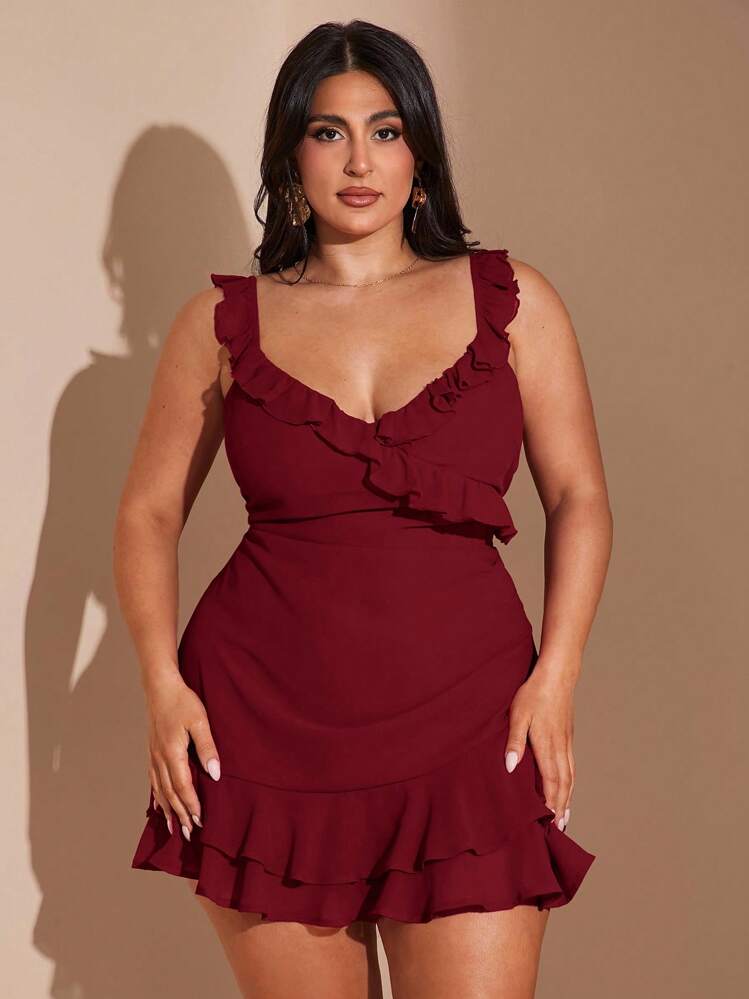 SHEIN BAE Plus Size Women's Romantic Sexy V-Neck Sweet Cute Elegant Versatile Date Night Red Ruffle Hem Mini Dress, Autumn Beach Holiday Party Short Dress/ Plus Size Ruffle Dress/ Burgundy Plus Size Dress/,Fall Clothes For Women,Valentine's Day,Valentine Outfits For Women - Burgundy - View 7