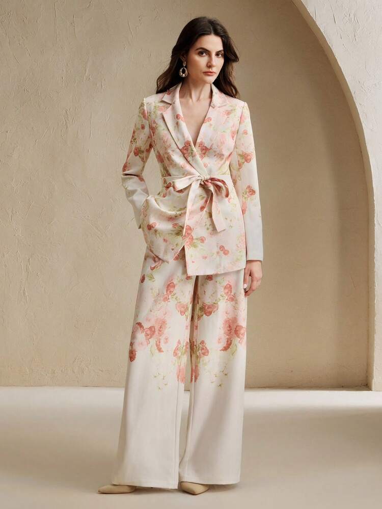 Conjunto de chaqueta y pantalones con estampado de rosas para mujer, diseño elegante y refinado de pantalones palazzo/rectos