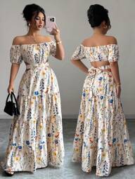 Elenzga Vestido elegante de mujer talla grande con hombros descubiertos y espalda cruzada