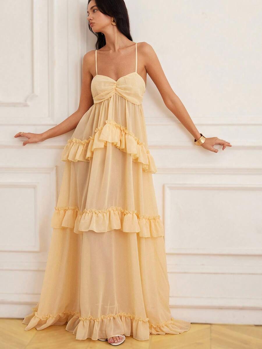 EMERY ROSE 阳光乡村风格黄色雪纺吊带裙，三层荷叶边飘逸轻盈雪纺，迷人的野餐/约会连衣裙 - 淡黃色 - 查看 1