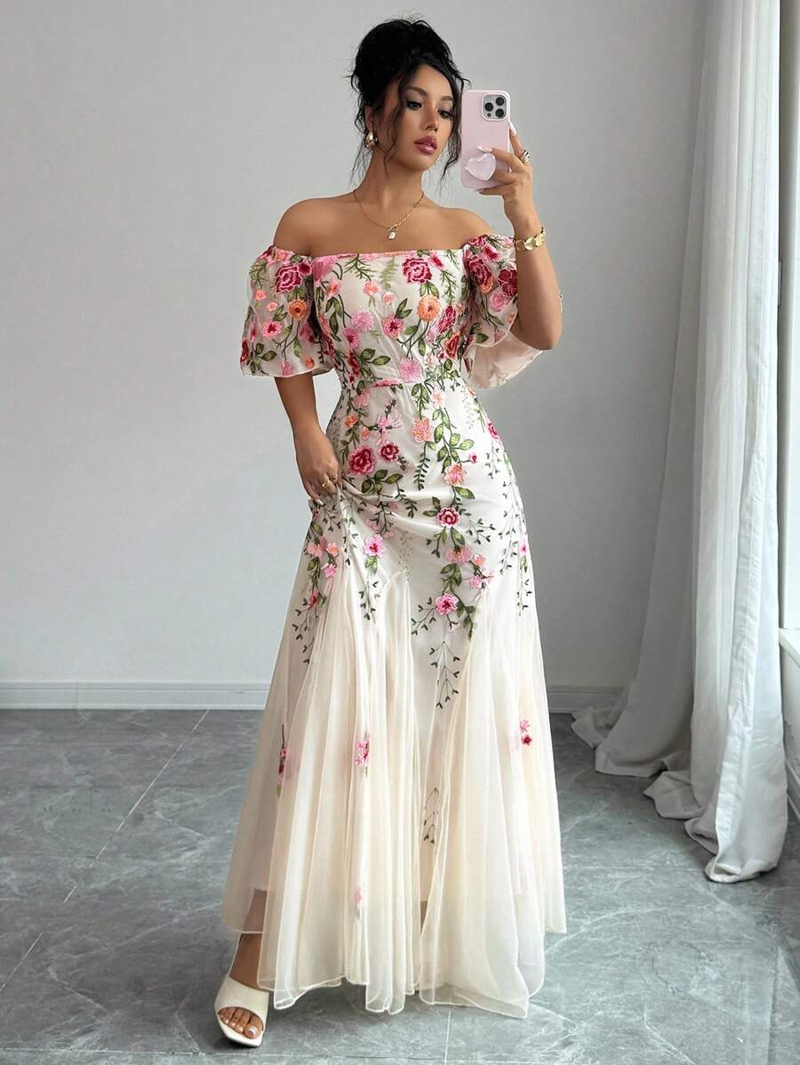 Elenzga Women Elegant Mesh Floral Print Fitted A-Line Maxi Dress Floral Formal Dress Embroidered Formal Dress Off Shoulder Formal Dress Garden Wedding Guest Dress - Multicolor - View 1