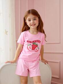 Bộ quần áo bé gái tay ngắn họa tiết dâu tây, nơ trang trí, thoải mái, ngọt ngào, thời trang, thích hợp mặc mùa hè. Bộ đồ trẻ em họa tiết dâu tây, quần áo trẻ em in hình dâu tây, quần short kẻ sọc hồng, quần áo mùa hè cho bé gái. - Hồng - Xem 2