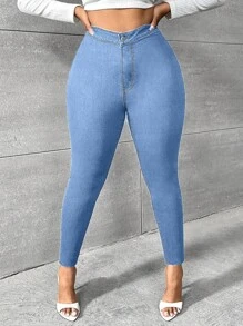 SHEIN SXY Plus High Waist Skinny Jeans - Light Wash - View 5