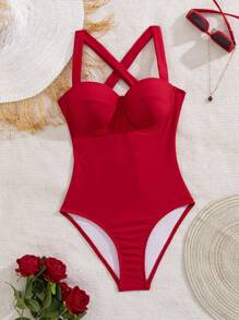 Shapewave 1pc Red Wide Strap Underwire Push Up Padded Cross Strap Back Elegant One Piece Swimsuit For Women For Summer Beach Vacation - Red - View 6