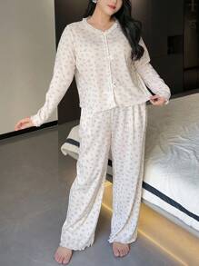 Dazy Plus 碎花蝴蝶结装饰长袖上衣和宽松裤子睡衣套装 - 杏色 - 查看 5