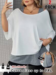 SHEIN CURVE+ Curves 大码/学校服装/返校服装/返校大码女式休闲两件套西装、背心和露肩上衣两件套西装、女式夏季两件套西装、外出上衣、女式夏季服装、露肩上衣、可爱上衣、可爱夏季上衣、大码女式上衣、女式夏季上衣、大码基本款上衣、宽松大码上衣、女式半袖上衣 - 彩色 - 查看 1