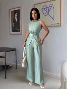 Chiquease 1件装女士夏季修身扭腰优雅连体裤套装，适合大学穿着 - 綠色 - 查看 4