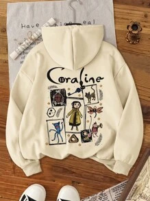 INAWLY 女士字母与卡通印花长袖抽绳连帽运动衫，秋冬季，长袖上衣