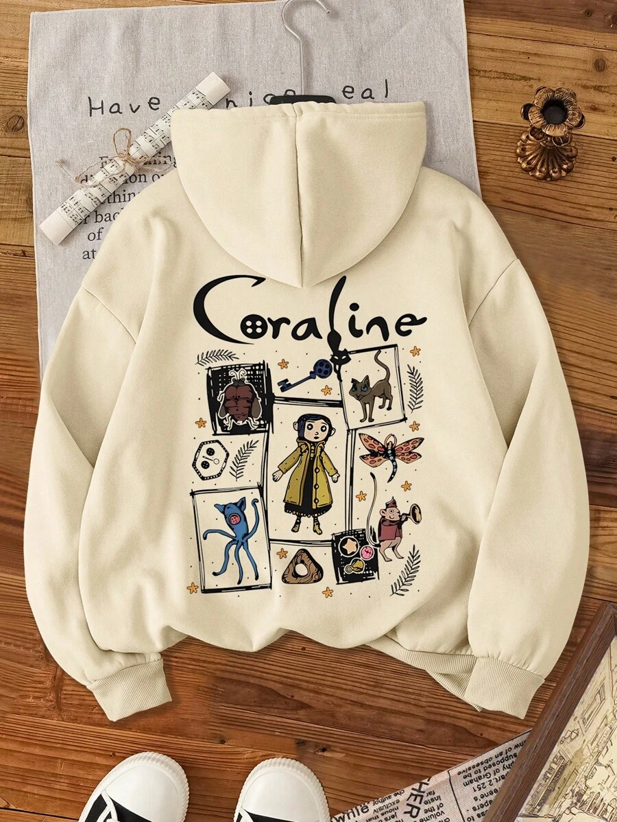 INAWLY 女士字母与卡通印花长袖抽绳连帽运动衫，秋冬季，长袖上衣