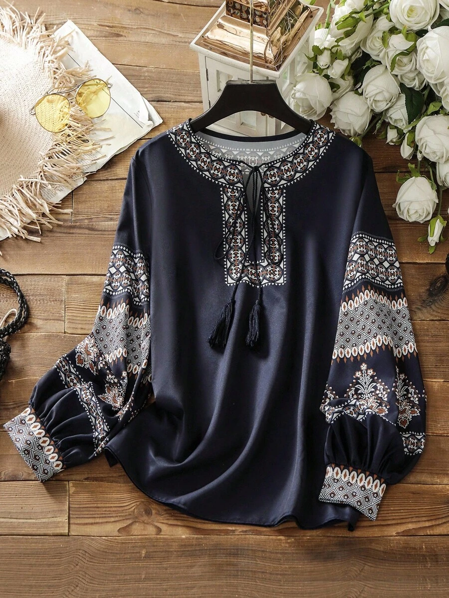 Lacomfia Casual Lantern Sleeve Placement Print Women Blouse, Spring/Summer Fall Cloth For Women - Navy Blue - View 1
