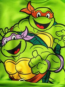 TEENAGE MUTANT NINJA TURTLES | SHEIN Young Boy Cartoon Turtle Print Green Casual & Cute Long Sleeve Crew Neck Sweatshirt Fall Winter - Green - View 5