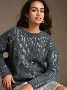 Anewsta Jersey de cuello redondo oversize para mujer con bordado de lentejuelas, de moda y suelto