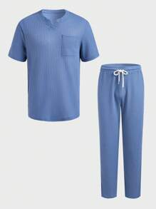 Men Notched Neckline Pocket Patched Lounge Set - Dusty Blue - View 1