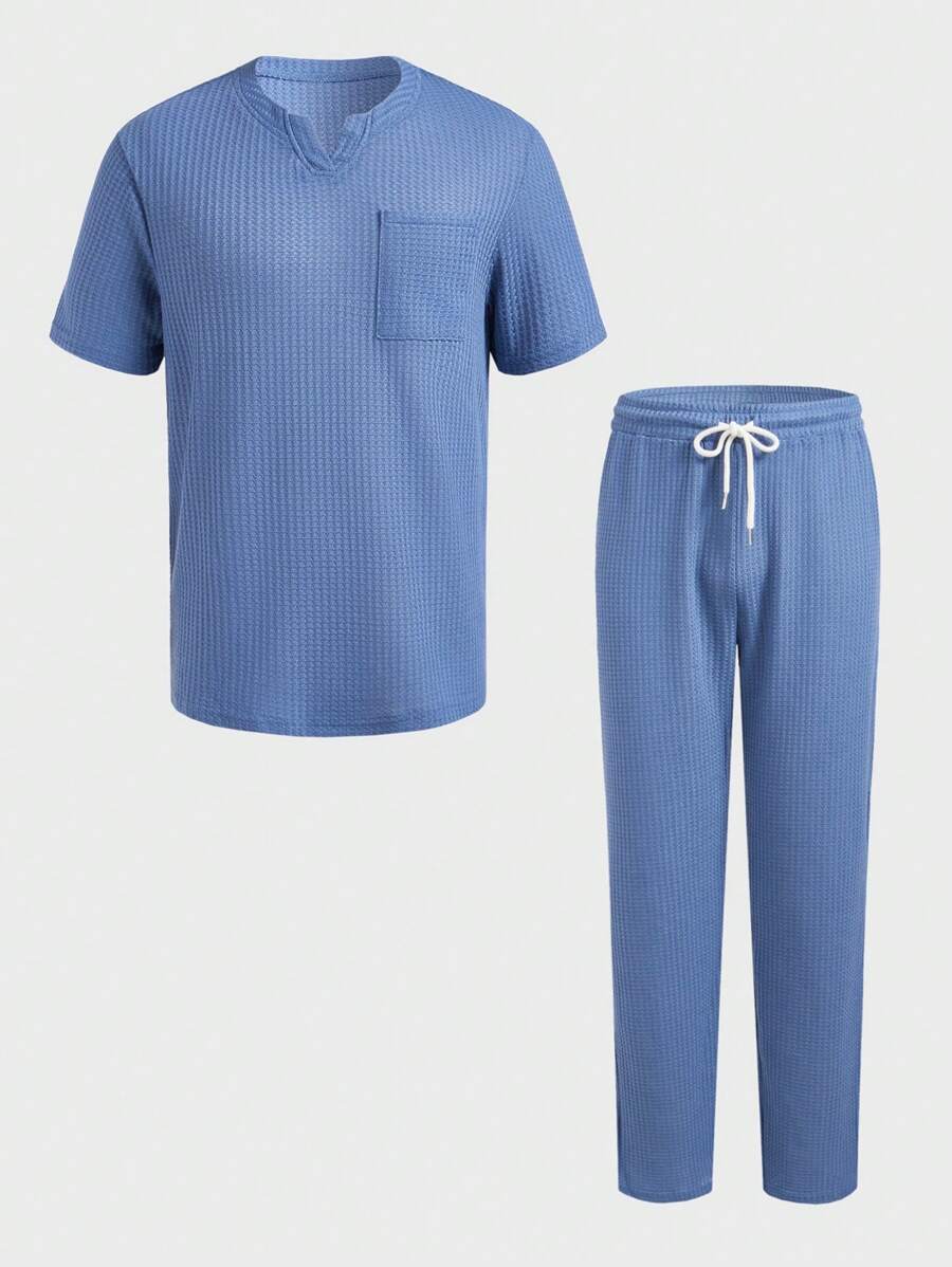 Men Notched Neckline Pocket Patched Lounge Set - Dusty Blue - View 1