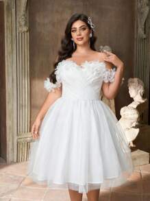 Aureia Váy trễ vai ren hoa 3D màu trắng lãng mạn thanh lịch cỡ lớn, viền bèo nhún hở lưng, thích hợp cho tiệc tối, hẹn hò ăn tối, kỳ nghỉ, sinh nhật, tốt nghiệp, đám cưới, phù dâu và các dịp trang trọng khác - trắng - Xem 7