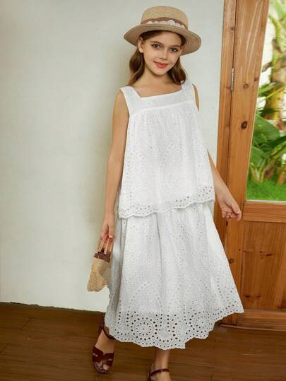 Hapijoa 2pcs/Set Tween Girl Girls Sleeveless Square Neck Top And Skirt Outfit, Summer