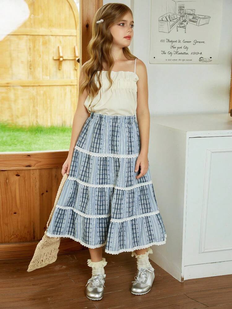 Girls Tween Girl Fashion Patchwork Lace Trim Plaid Mini Skirt For Summer