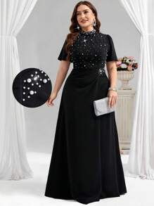 Coutiva Plus Size Women's Faux Pearl Decor Mandarin Collar Short Sleeve Elegant Formal Evening Gown (Embellished Design) Birthday Dresses For Women Sequin
