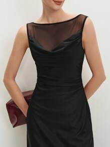 BizChic 2025 Summer New Arrival Independent Day Music Festival Party Outfit, Suitable For Wedding Guest Brunch, Urban Commute, Romantic Casual, Elegant Office Mesh Panel Long Dress, Summer Date Occasion - Black - View 6