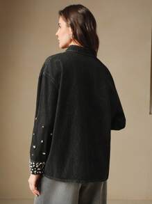 Anewsta Áo sơ mi denim đính đá Rhinestone thời trang giản dị cho nữ - màu đen - Xem 2