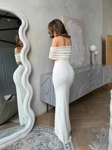 Jemour Váy bó sát hở vai màu mơ lãng mạn mùa xuân/hè, vải có họa tiết - Màu be - Xem 4